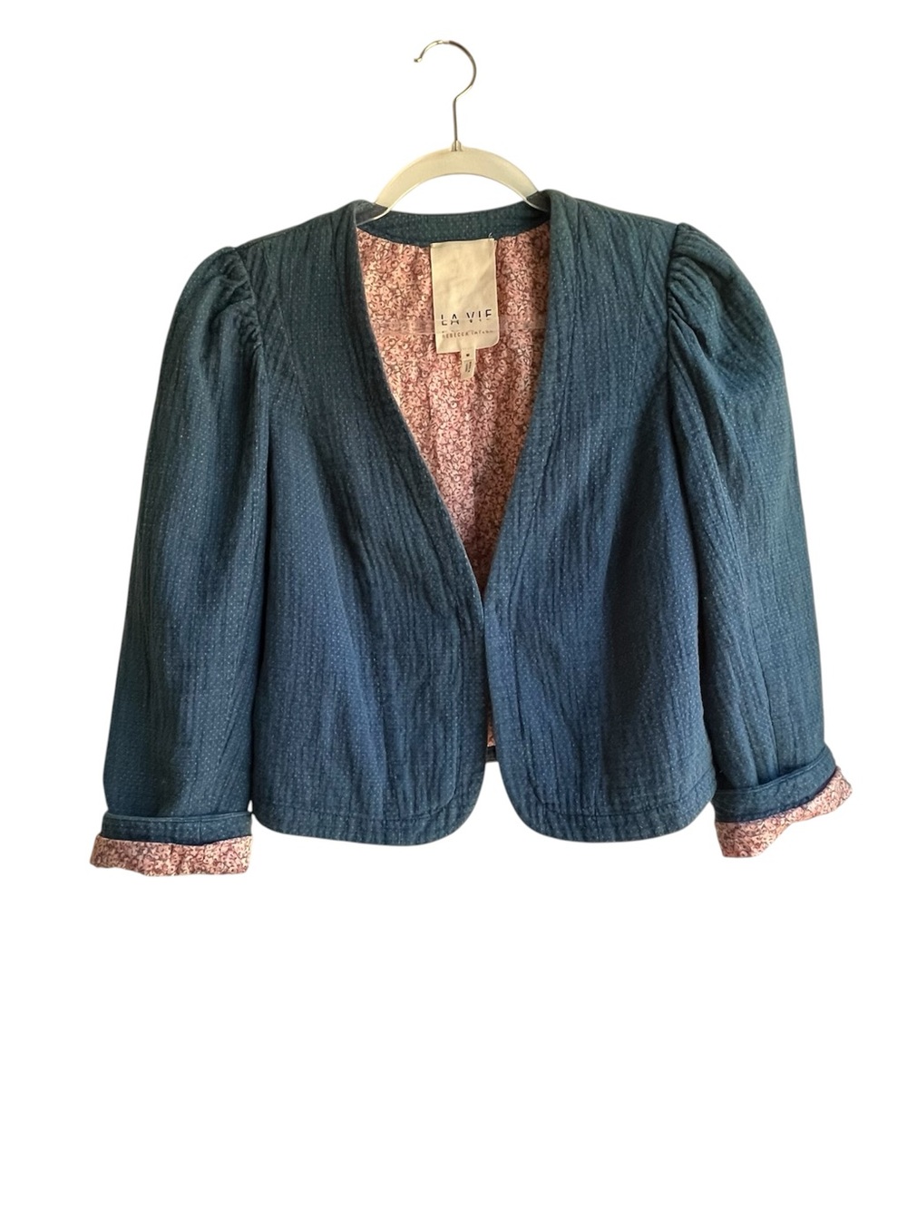 La Vie Rebecca Taylor Quilted Indigo Blue Gauze Puff Sleeve Dainty Jacket SZ M